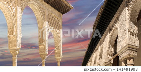Arches in Islamic (Moorish) style (against the sunset) in Alhambra, Granada, Spain 141491998