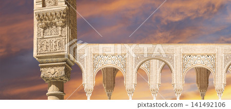 Arches in Islamic (Moorish) style (against the sunset) in Alhambra, Granada, Spain Arches in Islamic (Moorish) style (against the sunset) in Alhambra, Granada, Spain 141492106