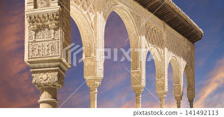 Arches in Islamic (Moorish) style (against the sunset) in Alhambra, Granada, Spain Arches in Islamic (Moorish) style (against the sunset) in Alhambra, Granada, Spain 141492113