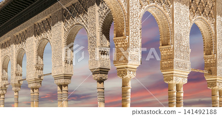 Arches in Islamic (Moorish) style (against the sunset) in Alhambra, Granada, Spain Arches in Islamic (Moorish) style (against the sunset) in Alhambra, Granada, Spain 141492188