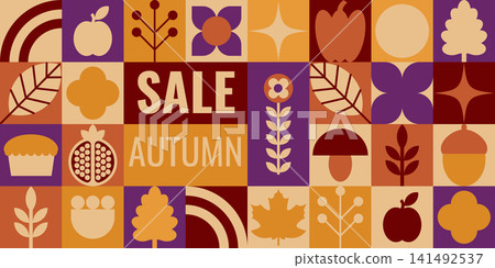 Autumn Sale Horizontal Geometric Grid Banner with Foliage and Fruit Icons Autumn Sale Horizontal Geometric Grid Banner with Foliage and Fruit Icons 141492537