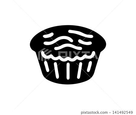 A simple black and white graphic illustration of a delicious baked muffin icon. A simple black and white graphic illustration of a delicious baked muffin icon. 141492549