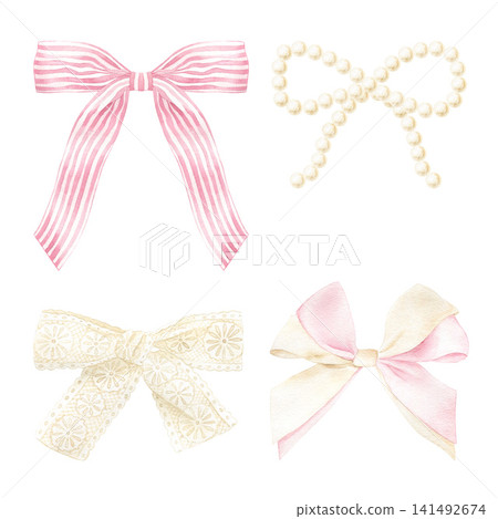 Set of watercolor cute bows. Collection clipart bows of isolated pink striped ribbon, pearl, lace and soft pastel fabric for coquette aesthetic, birthday invitations and children's designs. Set of watercolor cute bows. Collection clipart bows of isolated pink striped ribbon, pearl, lace and soft pastel fabric for coquette aesthetic, birthday invitations and children's designs. 141492674