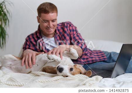 Delighted dog and owner sharing a tender moment, as man pauses from working on his laptop to give affection. Man taking a break from work on laptop 141492875