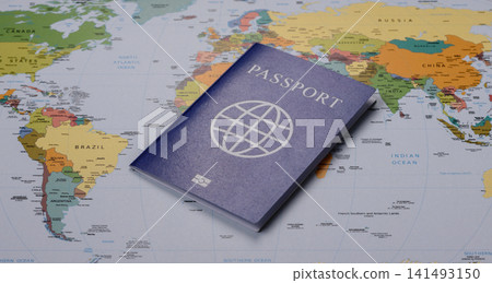 International passport against a map backdrop, concepts of travel. Passport on a map International passport against a map backdrop, concepts of travel. Passport on a map 141493150