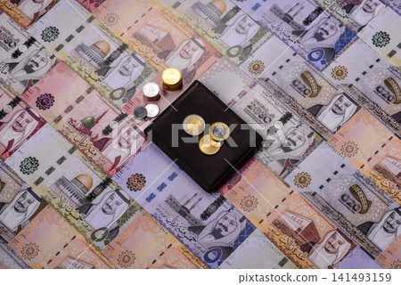 Saudi Arabia paper money, riyal banknotes and coins as currency for exchange. Saudi Arabia money Saudi Arabia paper money, riyal banknotes and coins as currency for exchange. Saudi Arabia money 141493159
