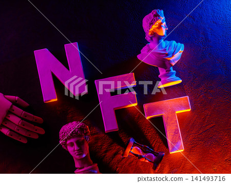 Classical sculpture busts with NFT letters robotic hand and hourglass illuminated by neon lighting Classical sculpture busts with NFT letters robotic hand and hourglass illuminated by neon lighting 141493716