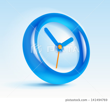 Modern glossy blue 3D clock icon with orange second hand on a soft background. Concept of time, schedule, reminder, deadline, productivity, and business planning Modern glossy blue 3D clock icon with orange second hand on a soft background. Concept of time, schedule, reminder, deadline, productivity, and business planning 141494769