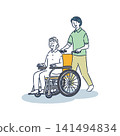 A female staff member and an elderly woman in a wheelchair 141494834