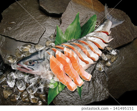 A picture of a whole fresh salmon fillet, with ice and haran leaves laid on a bedrock, highlighting the belly meat. A picture of a whole fresh salmon fillet, with ice and haran leaves laid on a bedrock, highlighting the belly meat. 141495151