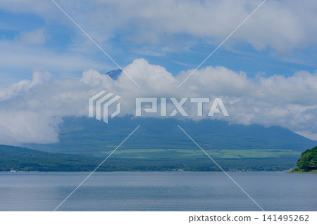 從山中湖望去,富士山籠罩在雲霧之中。 從山中湖望去,富士山籠罩在雲霧之中。 141495262