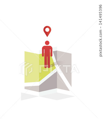 person icon standing on top of folded map with location pin person icon standing on top of folded map with location pin 141495396