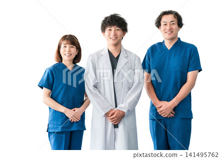 Male and female medical staff including doctors, nurses and doctors wearing white coats and scrubs Male and female medical staff including doctors, nurses and doctors wearing white coats and scrubs 141495762