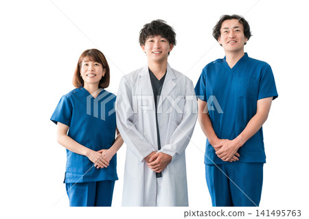 Male and female medical staff including doctors, nurses and doctors wearing white coats and scrubs Male and female medical staff including doctors, nurses and doctors wearing white coats and scrubs 141495763