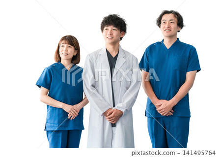 Male and female medical staff including doctors, nurses and doctors wearing white coats and scrubs Male and female medical staff including doctors, nurses and doctors wearing white coats and scrubs 141495764