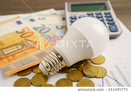 Cost of electric utilities with light bulb for payment. Cost of electric utilities with light bulb for payment. 141495775