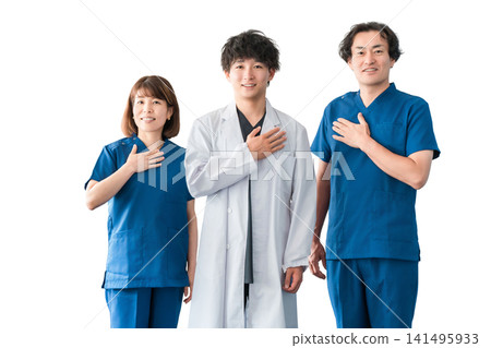 Male and female medical staff including doctors, nurses and doctors wearing white coats and scrubs Male and female medical staff including doctors, nurses and doctors wearing white coats and scrubs 141495933