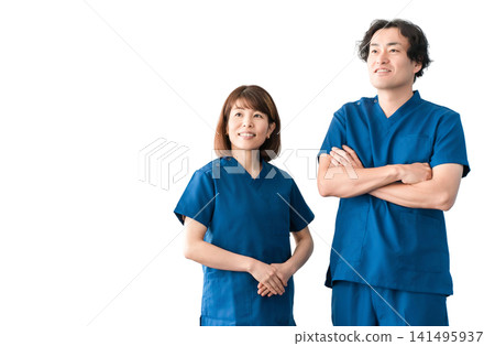 Medical workers in scrubs, medical staff, male and female doctors Medical workers in scrubs, medical staff, male and female doctors 141495937