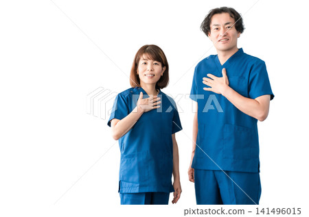 Medical workers in scrubs, medical staff, male and female doctors 141496015
