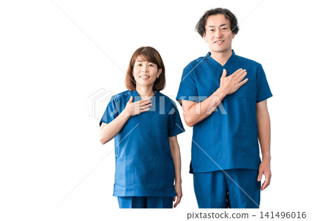 Medical workers in scrubs, medical staff, male and female doctors 141496016