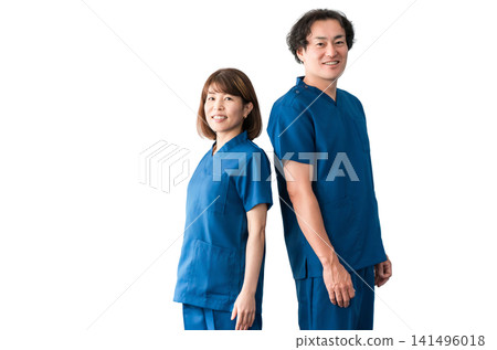 Medical workers in scrubs, medical staff, male and female doctors Medical workers in scrubs, medical staff, male and female doctors 141496018