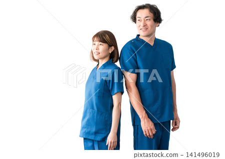 Medical workers in scrubs, medical staff, male and female doctors Medical workers in scrubs, medical staff, male and female doctors 141496019