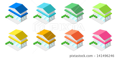 Isometric illustrations of single-story houses and shops with colorful roofs. 141496246