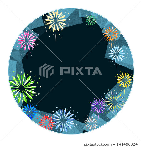 Circular frame material featuring a night sky and colorful fireworks Circular frame material featuring a night sky and colorful fireworks 141496324