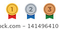 Gold, Silver, and Bronze Medal Set | 1st, 2nd, and 3rd Place Ranking Winner Award Icons Vector Illustrations 141496410