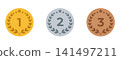 Gold, silver, and bronze medal icon set, vector materials for 1st, 2nd, and 3rd place ranking award winners. 141497211