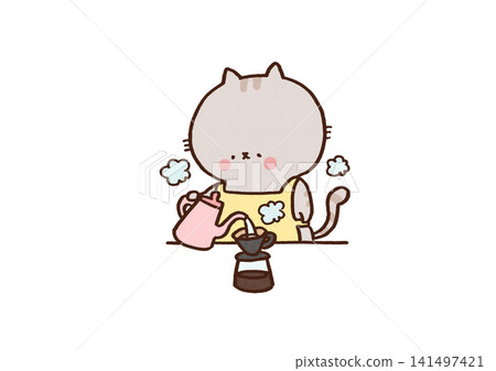 A cat in an apron pours hot water from a kettle into a coffee dripper (cafe) A cat in an apron pours hot water from a kettle into a coffee dripper (cafe) 141497421