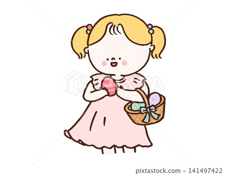 A little girl happily collects Easter eggs in a basket. A little girl happily collects Easter eggs in a basket. 141497422