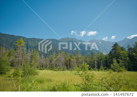 The magnificent wetland scenery of Kamikochi with a blue sky and the Hotaka mountain range stretching out before you ① The magnificent wetland scenery of Kamikochi with a blue sky and the Hotaka mountain range stretching out before you ① 141497672