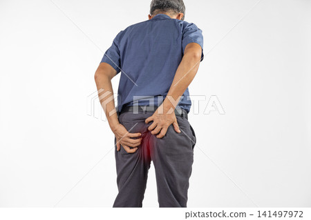 Hemorrhoidal pain, man with hemorrhoids on white background. 141497972