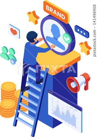 Isometric Businessman Climbing Ladder to Build Personal Brand 141498408
