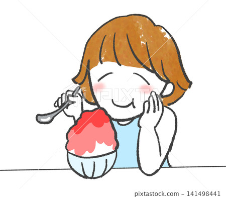 一位女士正在享用看起來很美味的草莓刨冰。 一位女士正在享用看起來很美味的草莓刨冰。 141498441