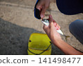 漁夫從魚鉤上取下一條沙丁魚。 141498477
