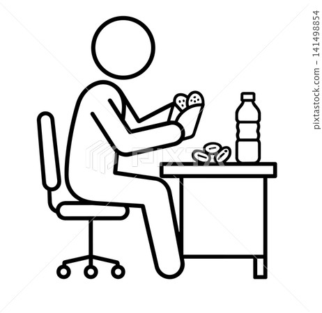 Person eating fast food and drinking water at office desk icon vector illustration. Lunch break concept. Person eating fast food and drinking water at office desk icon vector illustration. Lunch break concept. 141498854