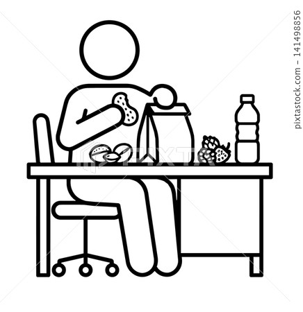 Person eating snacks and cookies from paper bag at office desk icon vector illustration. Snack time concept. Person eating snacks and cookies from paper bag at office desk icon vector illustration. Snack time concept. 141498856