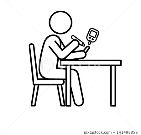 Person testing blood glucose level with meter and lancing device at table icon vector illustration. Diabetes management concept. Person testing blood glucose level with meter and lancing device at table icon vector illustration. Diabetes management concept. 141498859