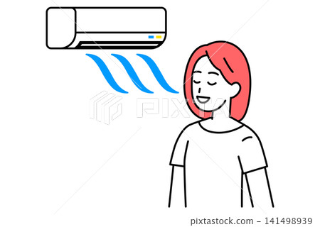 A young woman in a T-shirt cooling off in the air conditioner. A young woman in a T-shirt cooling off in the air conditioner. 141498939