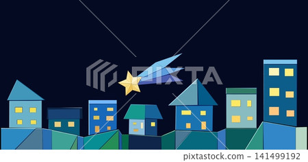 摺紙風格的城市景觀和流星劃過夜空的背景 摺紙風格的城市景觀和流星劃過夜空的背景 141499192