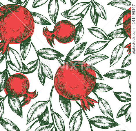 Seamless pattern of pomegranate fruits and branches. Sketch illustration. Vintage drawing. Seamless pattern of pomegranate fruits and branches. Sketch illustration. Vintage drawing. 141499347