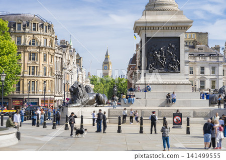 Trafalgar Square, a representative tourist spot in London, England, and the cityscape under a clear blue sky. Trafalgar Square, a representative tourist spot in London, England, and the cityscape under a clear blue sky. 141499555
