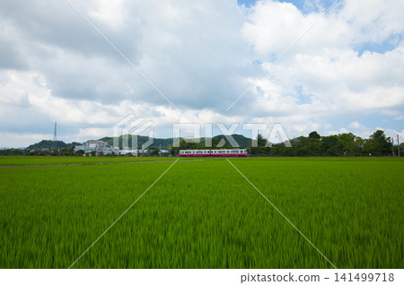 一列火車行駛在鄉村和工業區之間。 一列火車行駛在鄉村和工業區之間。 141499718