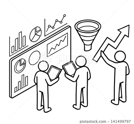 Business team analyzing data dashboard, marketing sales funnel and growth chart isometric vector illustration. 141499797