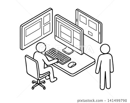 UI UX designer and developer working on computer and responsive screen layouts isometric vector illustration. UI UX designer and developer working on computer and responsive screen layouts isometric vector illustration. 141499798