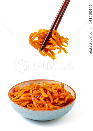 spicy pickled papaya strips seasoned with red chili sauce strands spicy pickled papaya strips seasoned with red chili sauce strands 141500401