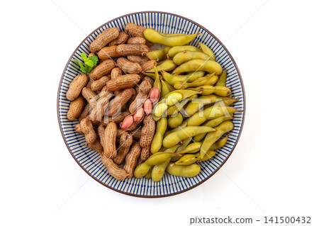 spiced boiled edamame pods and peanuts in shell assortment spiced boiled edamame pods and peanuts in shell assortment 141500432