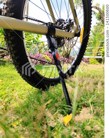 close up photo of bicycle parked in park 141500600